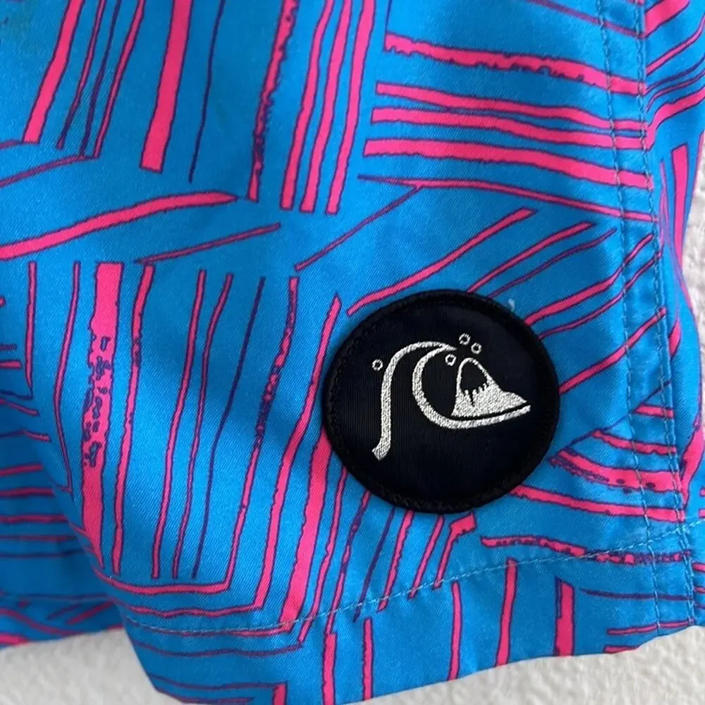 Quiksilver Volley Shorts Pink Blue Geometric Elastic Waist Casual Swim Hybrid L
